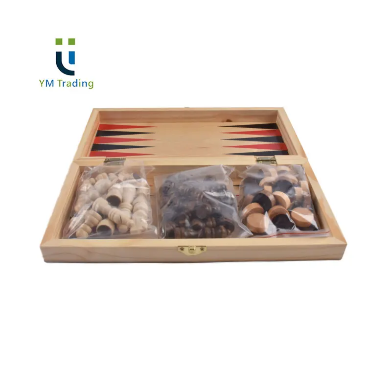 Cheap Folding Travel Chess Game 3 in 1 Wooden Chess Checkers Backgammon Set