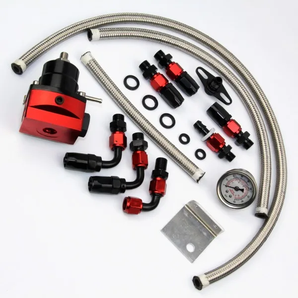 Adjustable Fuel Pressure Regulator FPR Kit + 0-160 psi Oil Gauge + -6AN Oil Hose Line Fitting Black&Red