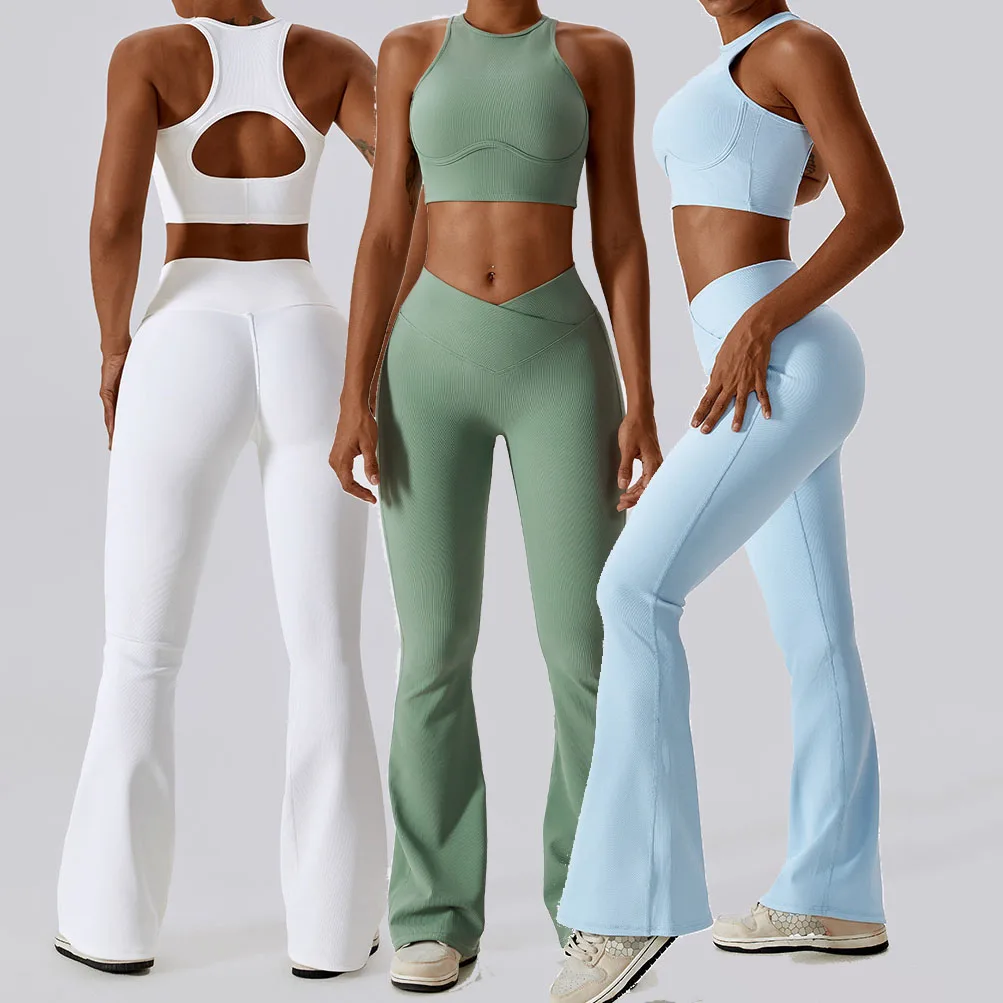 Fall New Design Flare Leggings Sets Women Back Hollow Out Tops Athletic Suits Clothing Set Women Quick Dry Leggings And Bra Sets