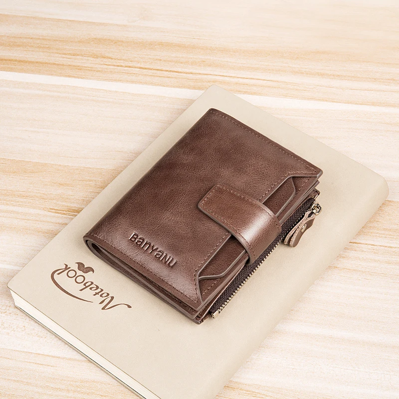 BANYANU fashion genuine leather RFID mens money clip wallet with zipper and hasp