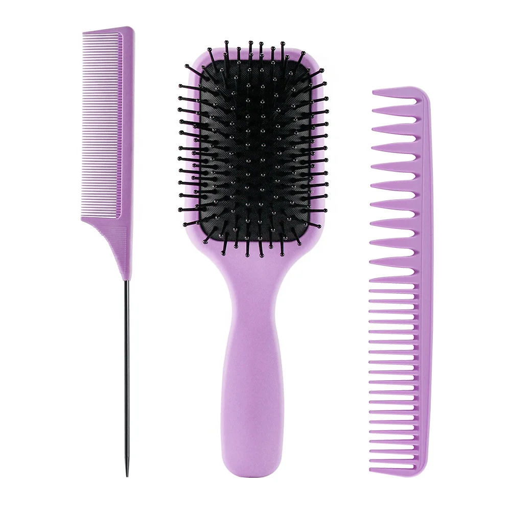 Purple New Special Rat Tail Comb Comfortable Styling Straightening Smoothing Paddle Cushion Hair Brush Wide Teeth Comb set
