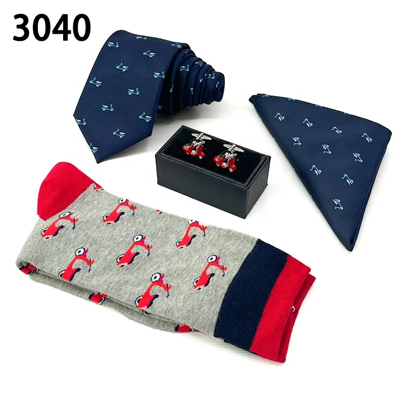Simple design cufflink pocket square necktie customization add logo corbatas personalizadas bordado men tie and socks set