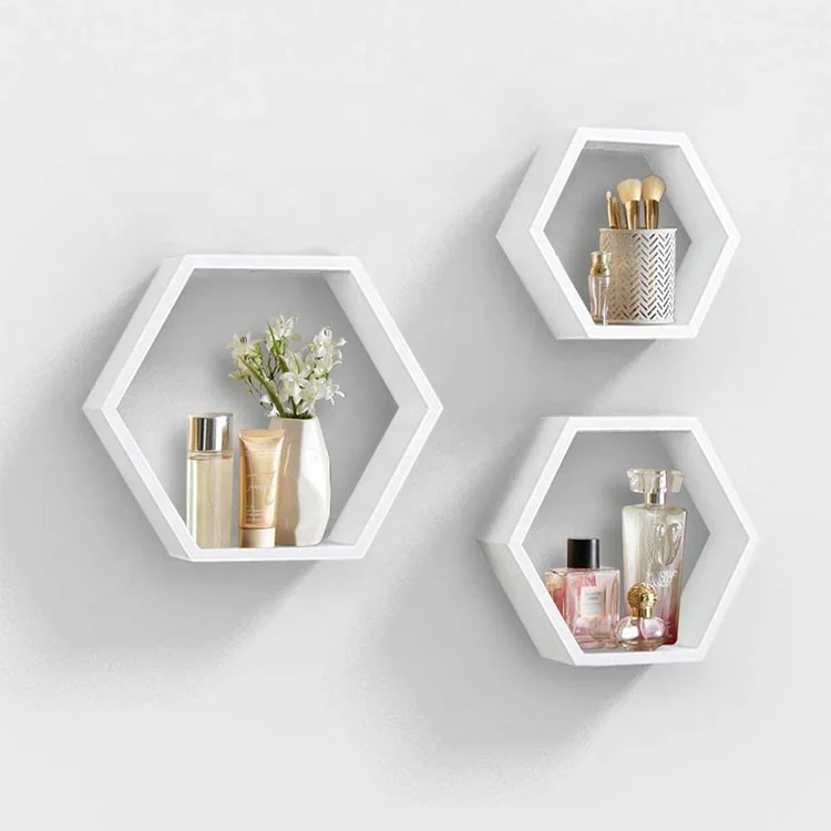Wall mounted shelves hexagonal floating shelf white wooden wall storage shelf 3-piece set suitable for home deco