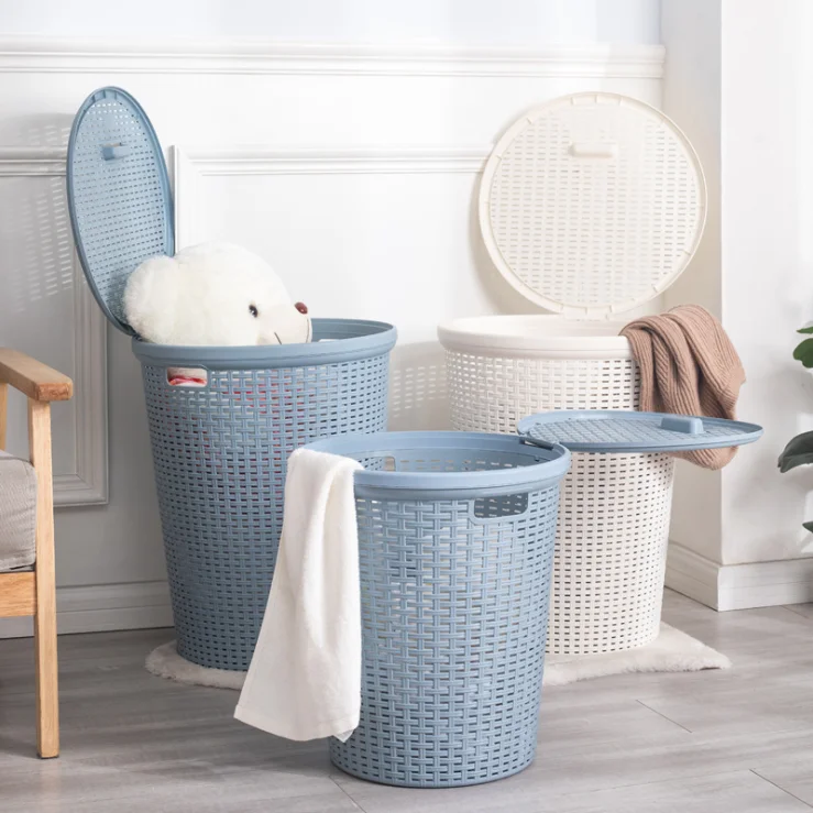 New Style Plastic Woven Basket Rattan Baskets Dirty Clothes Laundry Basket with Lid