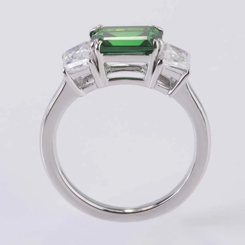 10k real white gold green emerald cut cubic zirconia 3 stone rings with 2 tapper cut side white cubic zirconia