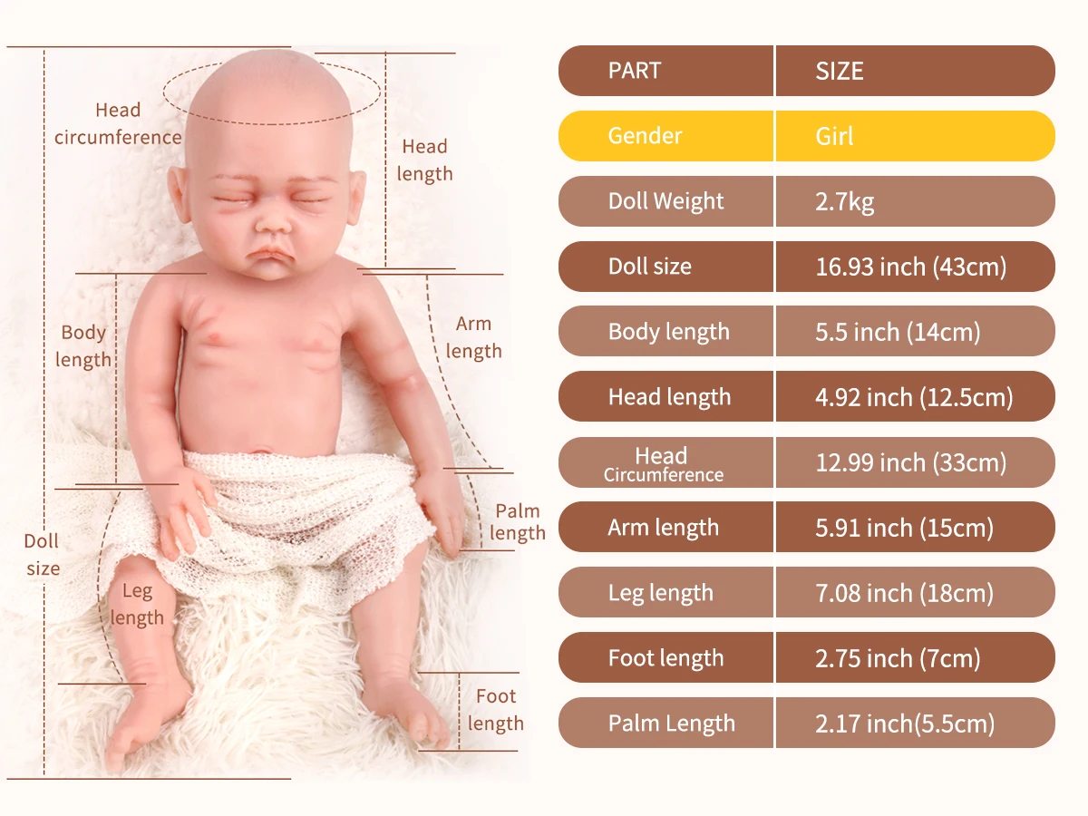 43 CM Realistic Rebirth Doll Girl 17 Inch Full Body Silicone Washable Lifelike Newborn Reborn Baby Dolls
