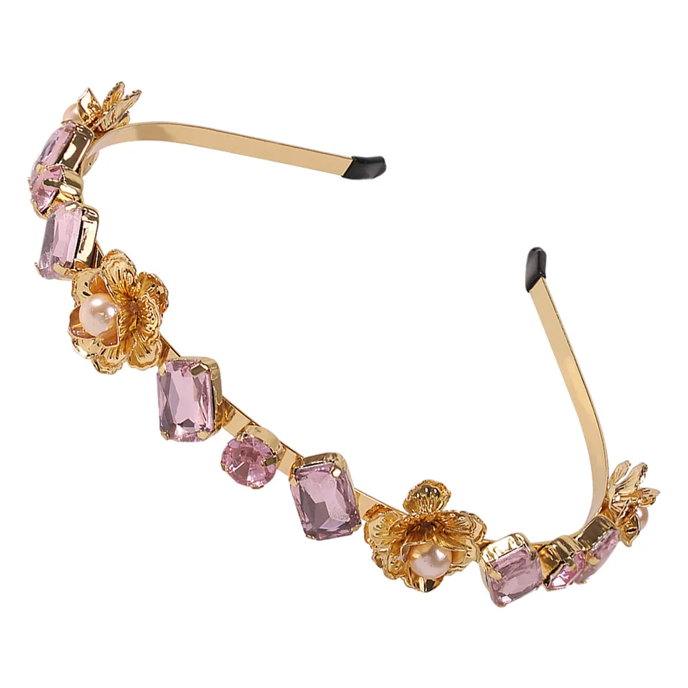 Luxury Hair Accessories Square Round Thin Metal Head Hoop Crystal Diamond Headband For Women Flower With Pearl