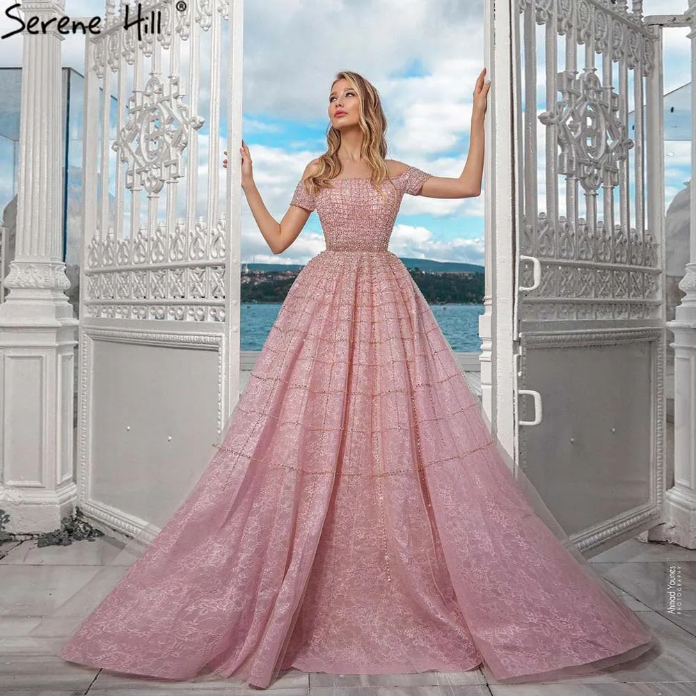 Розовые вечерние длинные платья Serene Hill LA70263 с открытыми плечами и короткими рукавами трапециевидного силуэта бисером женская одежда