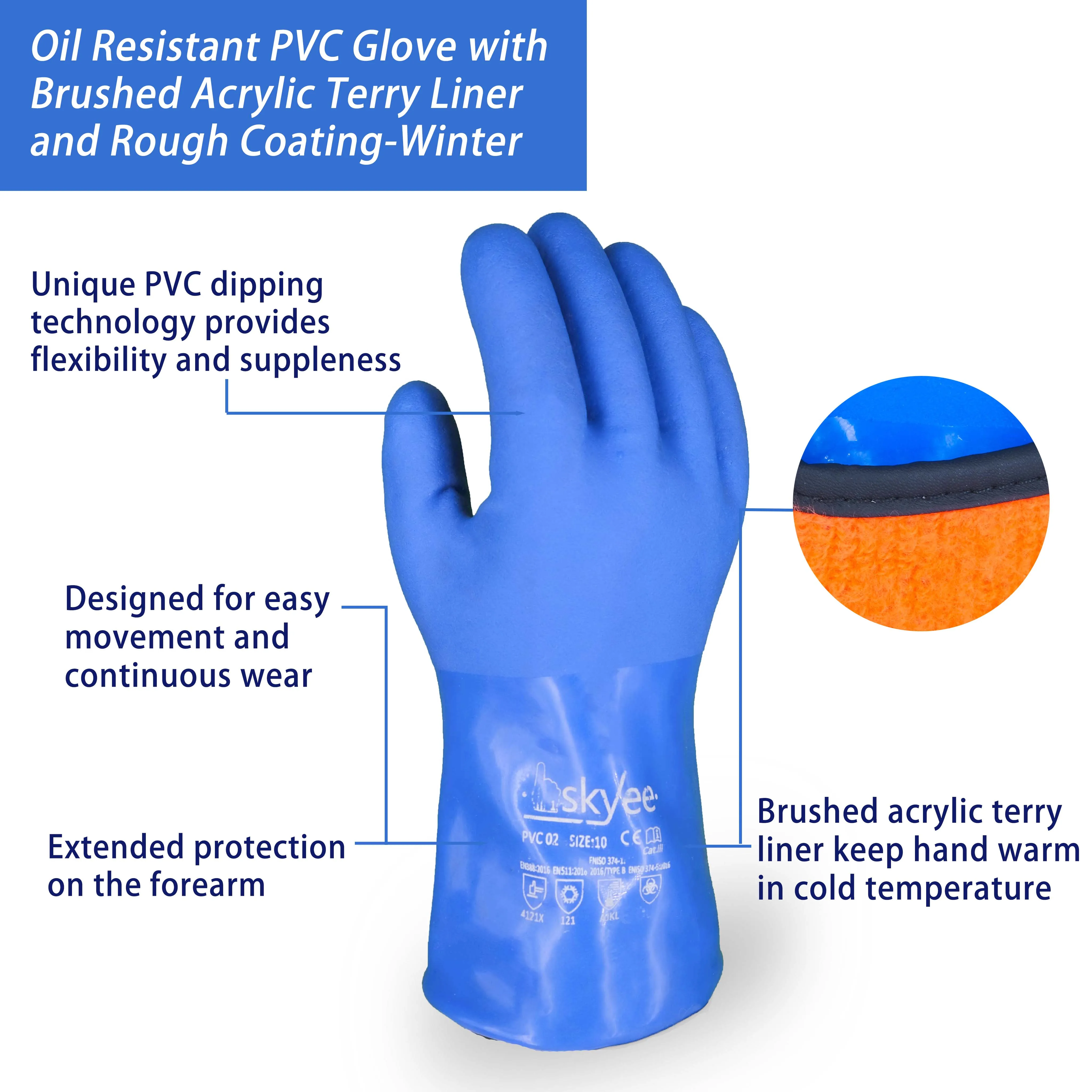 SKYEE top sale pvc dotted cotton natural rubber chemical resistant anti cold thermal industrial gloves for household cleaning