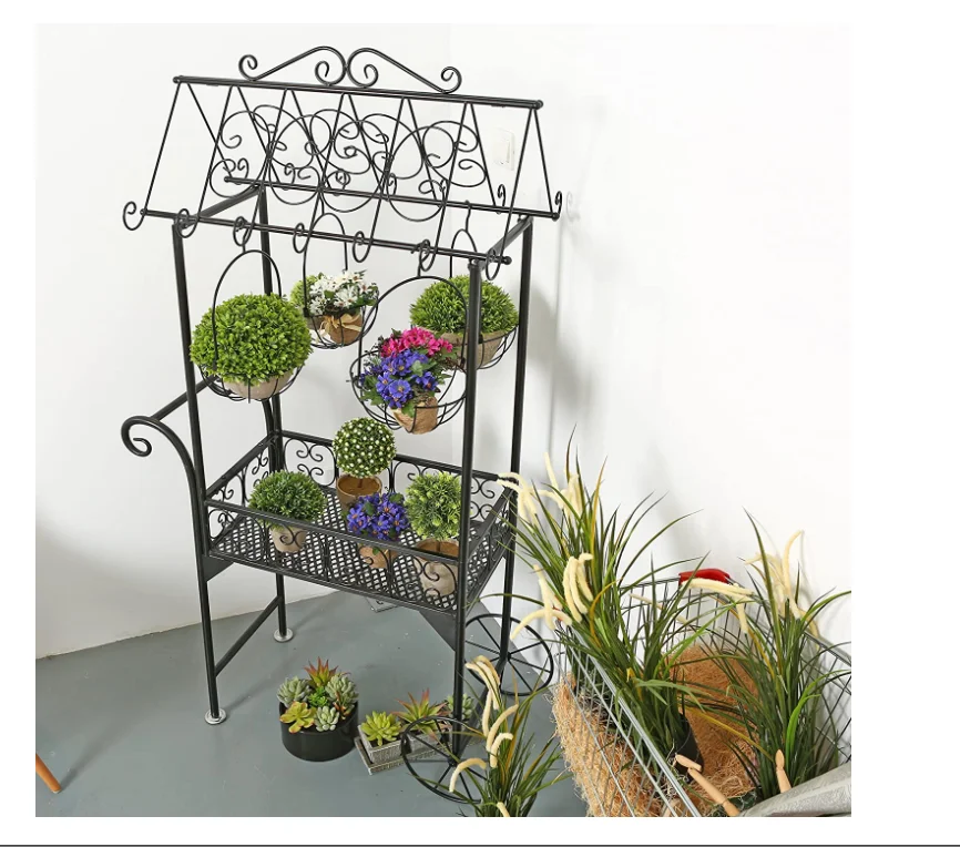Freestanding swirling decorative floor plant shelves, rustic trolley-style hanging flower baskets decorative/personalized shelve
