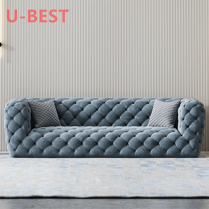 U-Best Modern Commercial Home Office Couch Chesterfield Tufty Sofa Button Upholstery Fabric Sofa Velvet Pull Button Back Sofa