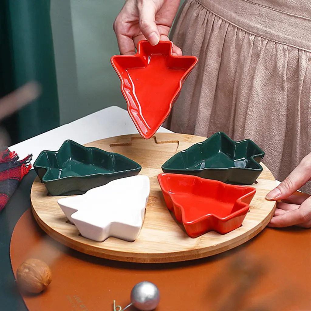 Christmas Tree Shaped Plates with Bamboo Tray Candy Nut Serving Container Platters Snacks Fruits Plate Ceramic Snack Tray