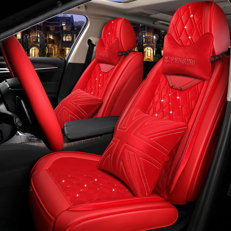 leather and velvet Custom  Four Seasons Universal Car Seat Cover Bag Set Customized with diamonds in winter