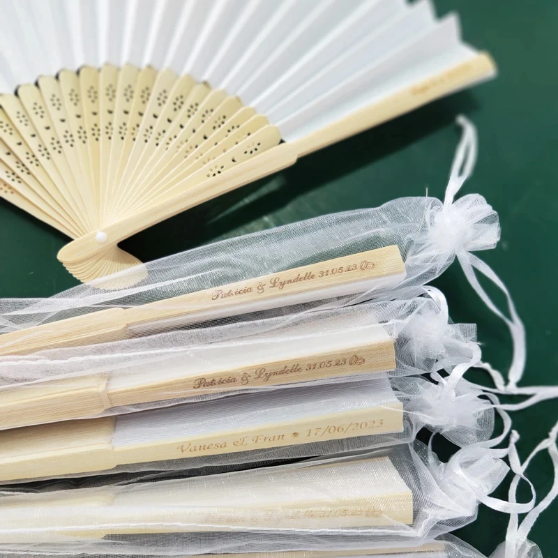Custom Date Name Logo Wedding Fan Gift Portable Chinese Bamboo Hand Fan Painting White Color Silk Held Folding Paper Fan