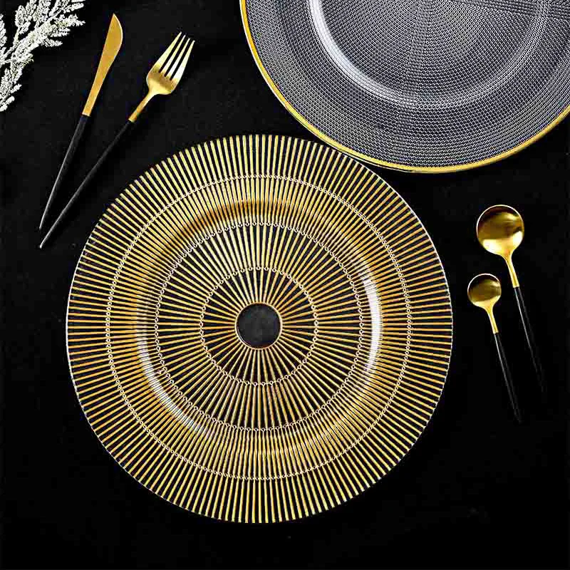 Popular Glass underplates for Wedding Banquet decoration Gold rimmed Charger Plates Wholesale luxury clear dinnerware ste