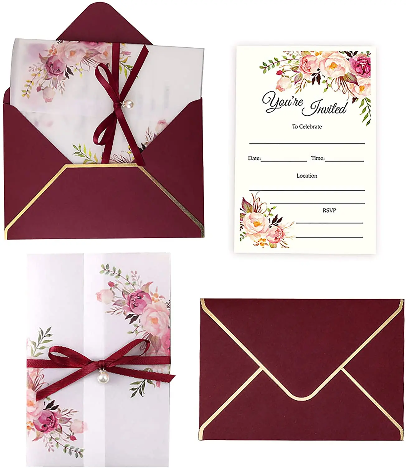 Burgundy Invitations Card Wedding with Envelopes Luxury Designs Custom for Bridal Shower Baby Shower Invitations Wedding