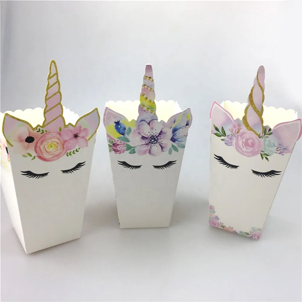 12 Pcs/Pack Cartoon Cartoons Unicorn Popcorn Paper Food Packaging Box Boxes for Happy Birthday Party Decor