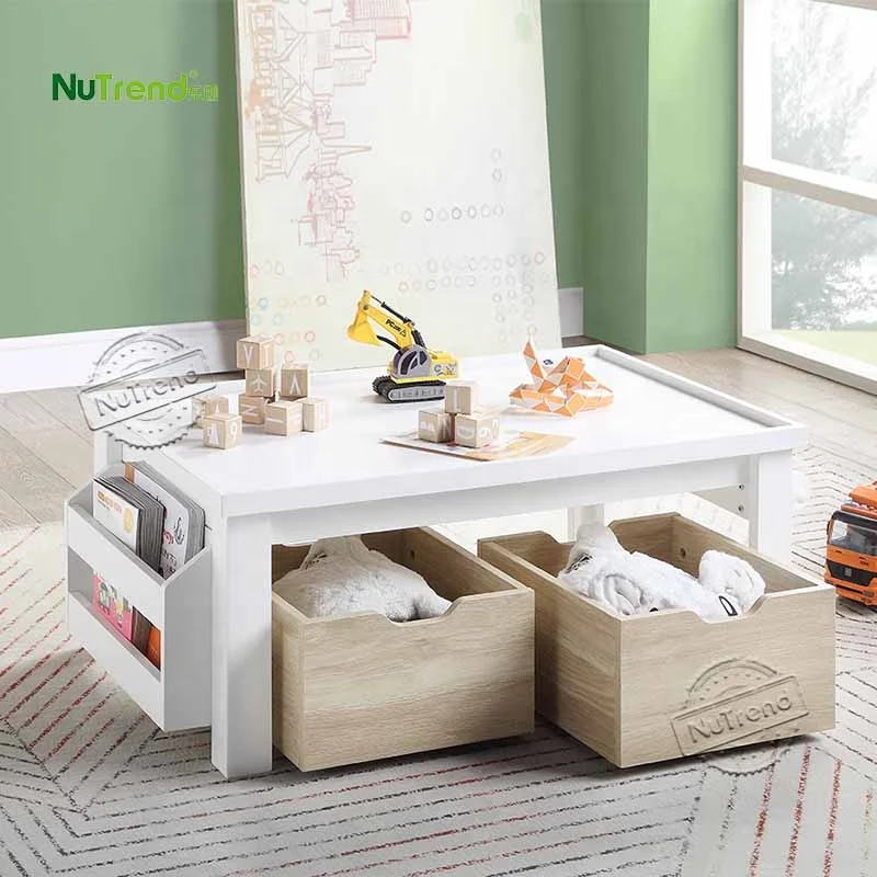 Wholesale Kids Furniture Wood Children Play Table Set 2 Toy Storage Boxes
