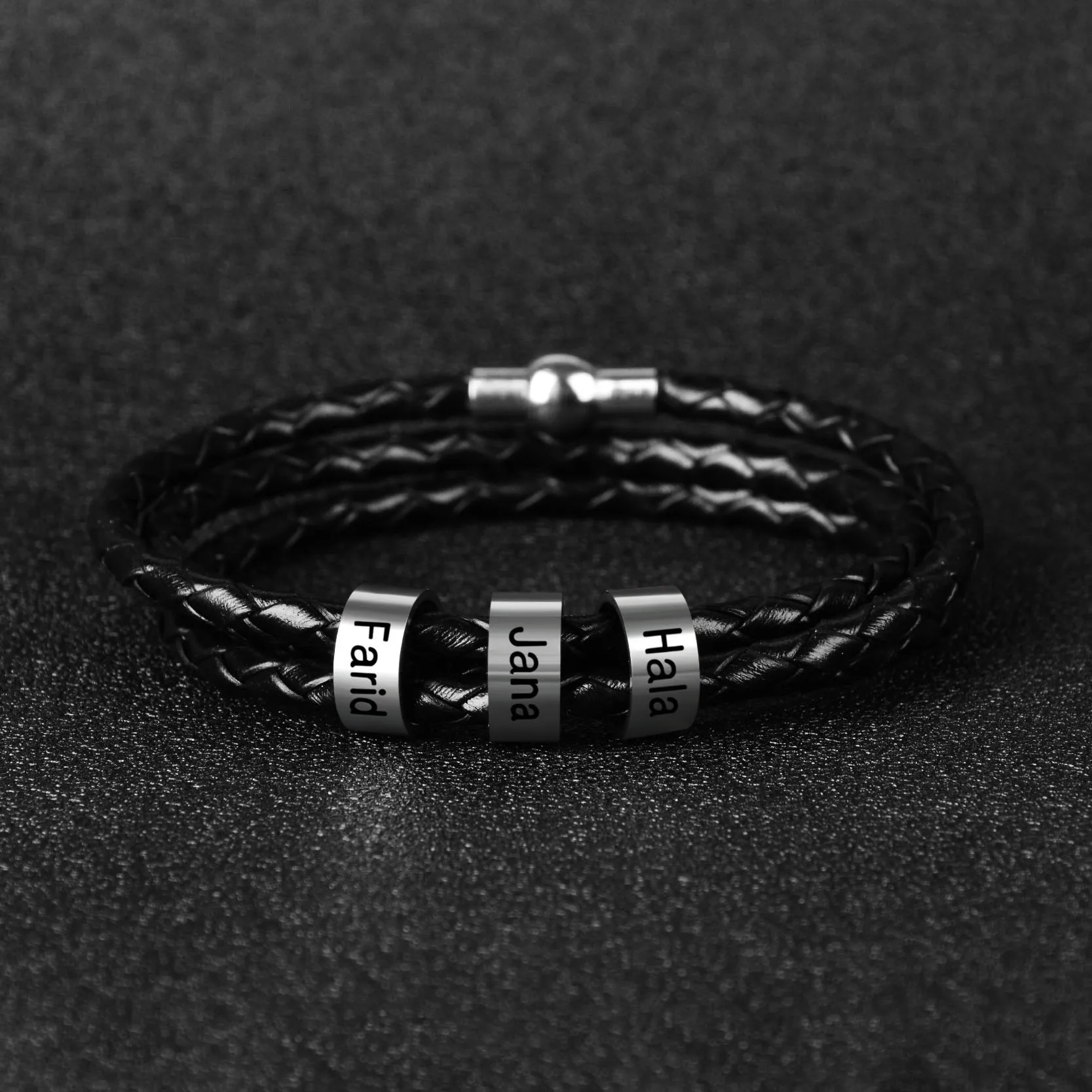 Modalen Stainless Steel Family Braided Personalized Engraved Name Men Custom Leather Man Bracelets