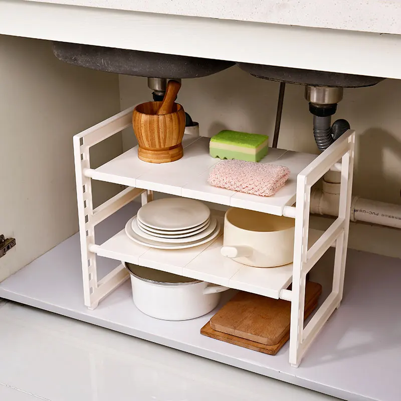 2021 Popular Lower Sink Kitchen Plastic Rack 2 Tier Expandable Under Shelf Organizer Storage for