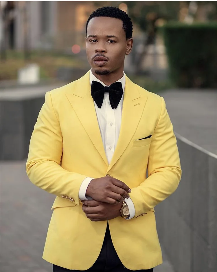African Yellow Men Suits Black Pant Peaked Lapel Wedding Slim Fit Groom Tuxedo Terno Masculino Prom Blazer 2 Pc Jacket Pant