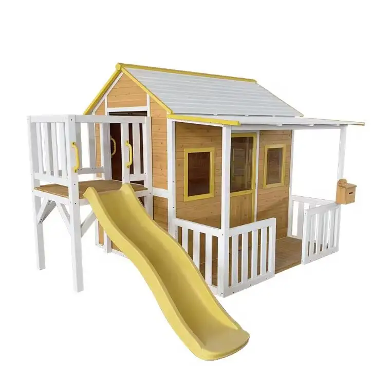 WoodVille 2024 Best Supplier Outdoor Kids Wood Playhouse with Chalk Board & Mail Box for Kids Wooden House
