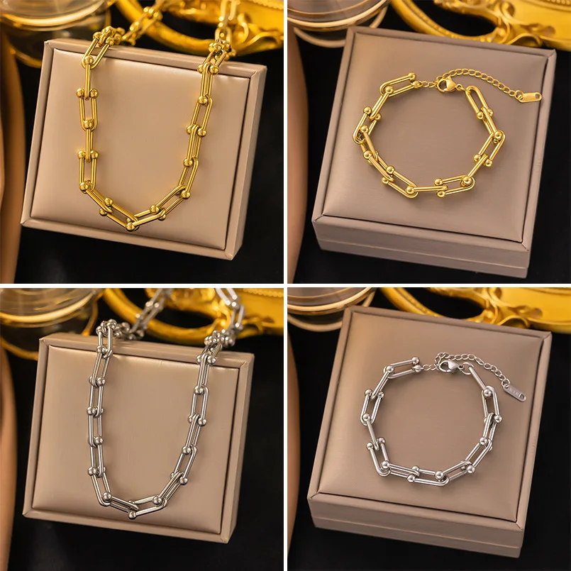 Titanium Steel Gold-plated Horseshoe Buckle Bamboo Choker Female U-shaped Chain Necklace Earrings Bracelet Jewelry