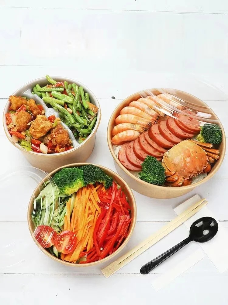 Printed paper lunch bowls disposable 1300ml soup bowls food kraft paper salad bowls with lid
