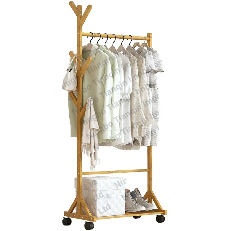 60cm-Space Saving Bamboo bamboo Garment Clothing Rack Rolling Coat Rack with 6 Hooks Bedroom Hanging Rack Clothing Organizer Hat