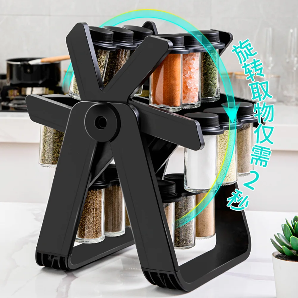 18pcs Kitchen Cabinet Ferris Wheel Glass Seasoning Rack Rotating Organizer Spice Glass Bottle Storage Jar