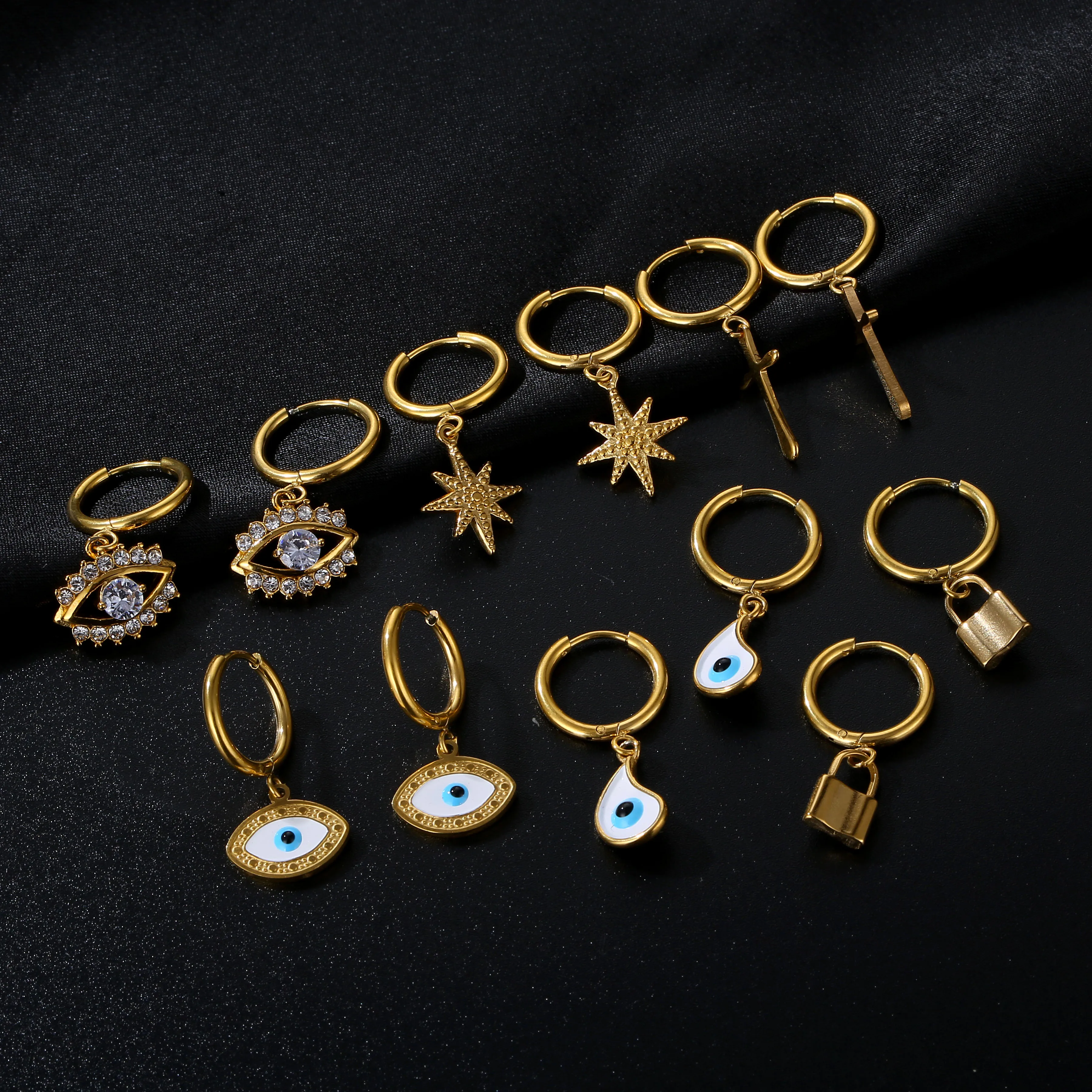 Stainless Steel Fine Jewelry Latest Design Luxury North Star Gold Hoop Earrings, Indian Cz Evil Eye Drop Earrings For Wedding