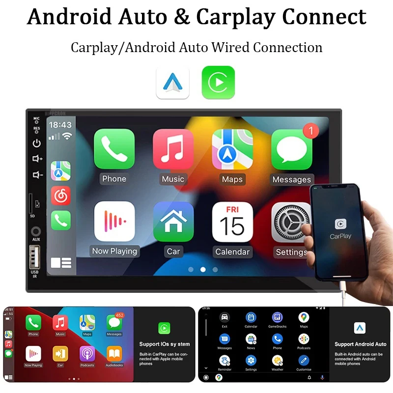 7inch Car Radio 1 Din Carplay Android Auto Multimedia Player HD Touch Screen FM AUX Input Bluetooth MirrorLink Universal