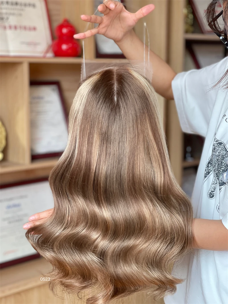 Wholesale 100% Good Review Ventilated Mini Wig Hairline Wavy Brown Human Hair Lace Front 8*8 Toppers For Women