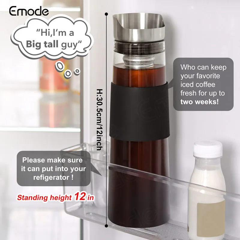 Emode 1.3L Durable Borosilicate Glass Cold Brew Iced Coffee Tea Maker with Stainless Steel Lid and Filter