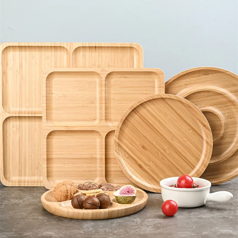 Wholesale bamboo wooden serving trays wholesale food snack fruit plate custom logo round square trays for home kitchen