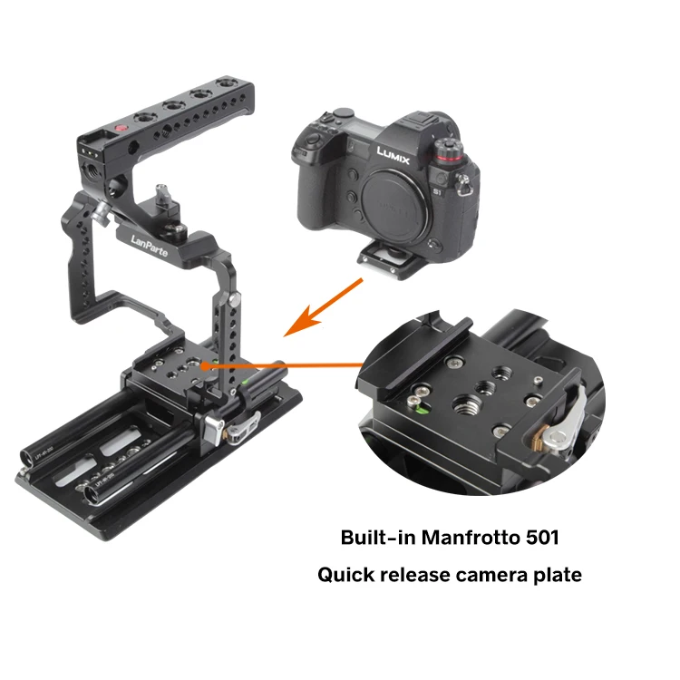 GEARVOO S1C Camera Cage for Panasonic Lumix S1R S1 Protective Housing Video Vlog Cage,with manfrotto 501 quick release plate.