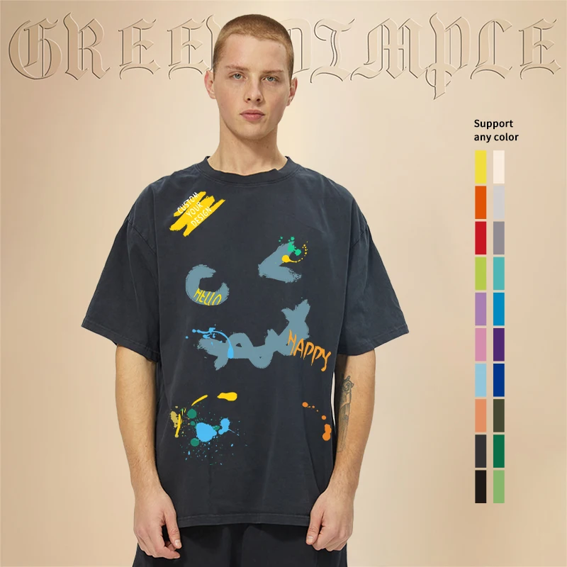 Green Dimple Unisex Screen Print Hip Hop Cotton Tshirt Heavyweight Graphic Plain Custom Men Vintage Oversized Acid Wash T Shirt