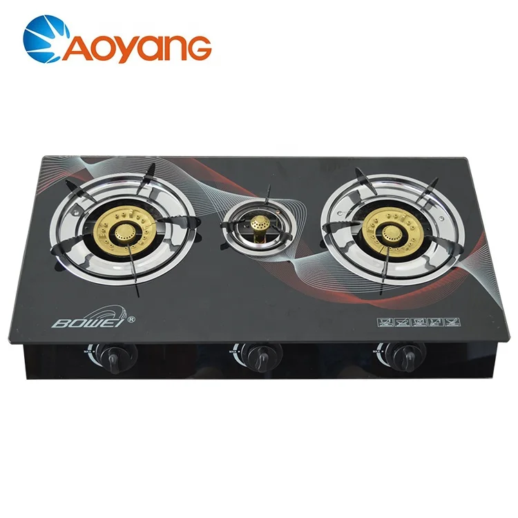 Gas Stove for Cooking Custom Kitchen Glass  Surface With 3 Cast Iron Burner