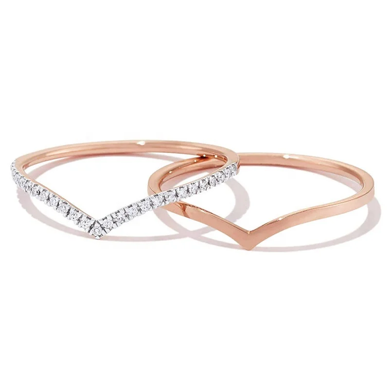 Milskye gift jewelry 925 sterling silver 18k gold pave cz diamond V shape double layer wedding ring