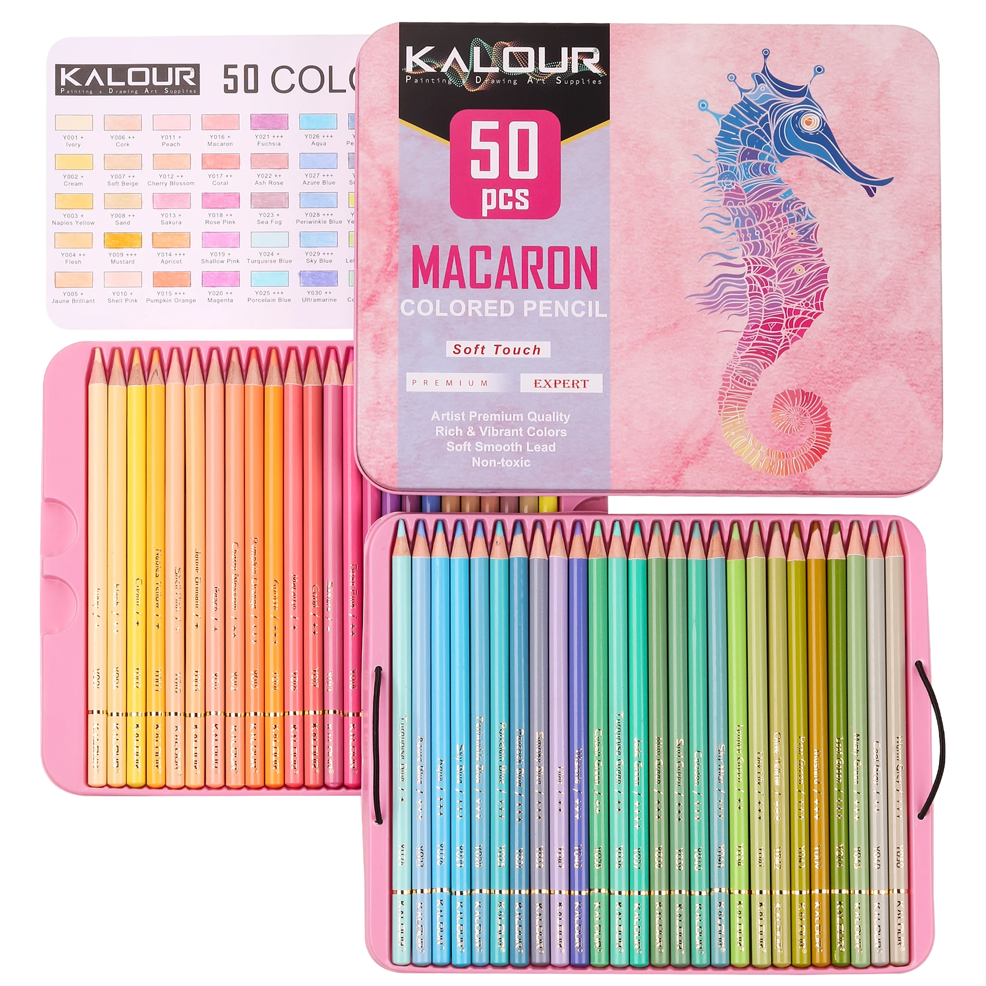 KALOUR Hot Sale High grade Vibrant Colors Soft Core Oil based 50pcs Macaron Pencil Colored Pencils in Tin Box