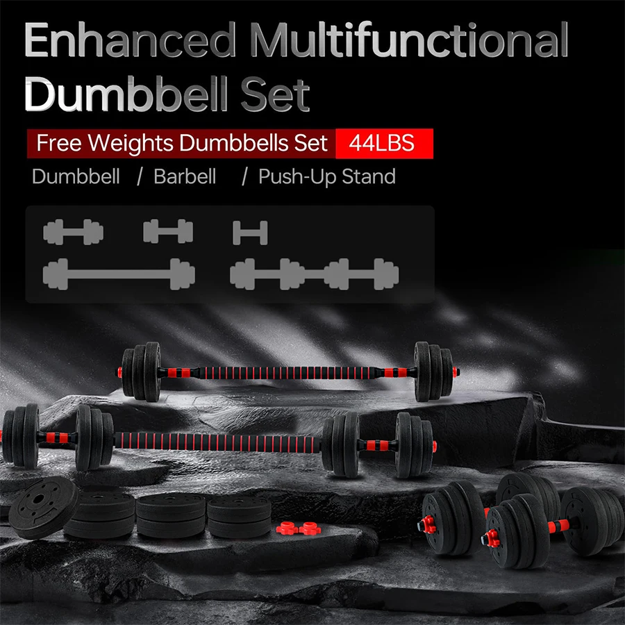 Fitness Workout Equipment for Women and Men Non-slip Handles Home Gym Training 44lbs Adjustable Free Weight Dumbbell Barbell Set