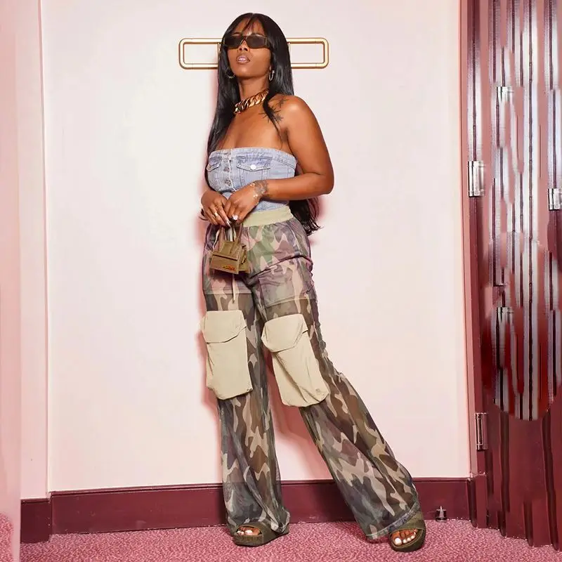 Wholesale New Arrivals Camouflage Mesh Pants Double Layer Straight Drawstring Cargo Pants Women