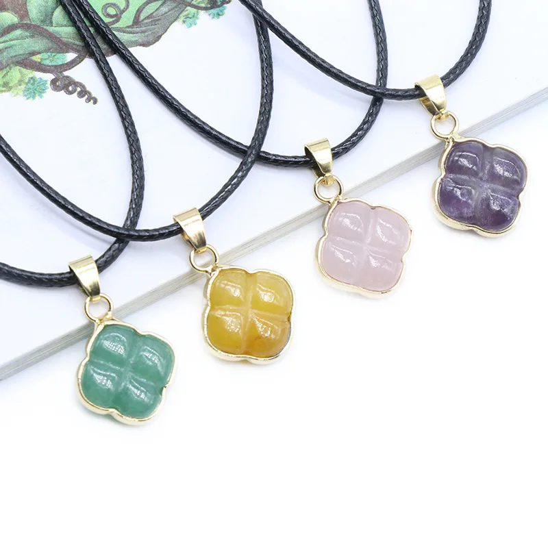 New Fashion Colorful Real Four Leaf Clover Pendant Necklace Natural Healing Crystal Jewelry For Child Women Men Summer Gift