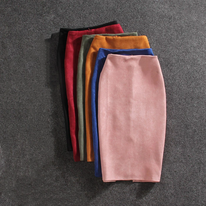 Женская замшевая юбка-карандаш средней длины с завышенной талией 2023-Зима