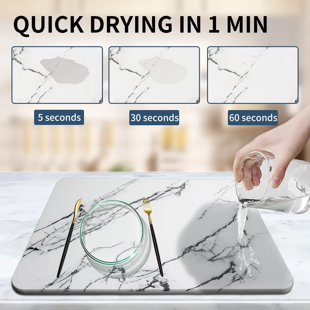 2023 Trending 9mm Extra Thick Diatomaceous Earth Marble Stone Dish Drying Mat for Kitchen Bathroom