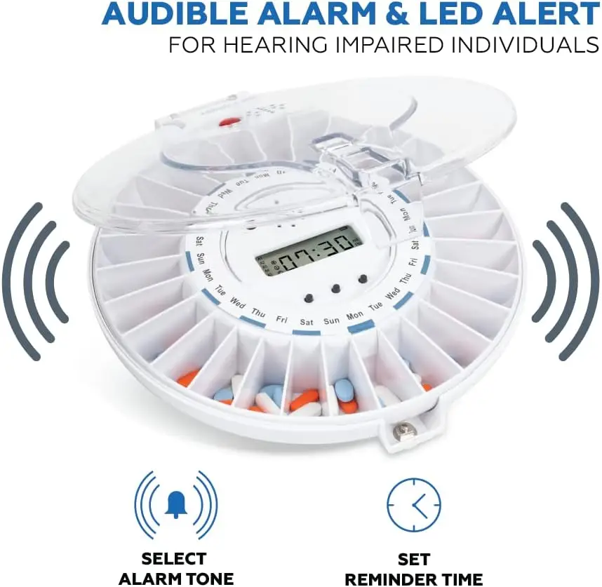 Premium Locking Automatic Pill Dispenser 28 Slot Electronic Medication Organizer (Clear and Solid White Lids)
