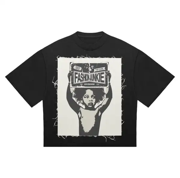 Custom Cut  Sew Dtg Printed  logo Raw Edge Distressed Vintage Boxy Acid Wash Oversized Graphic Applique cotton T Shirt For Men