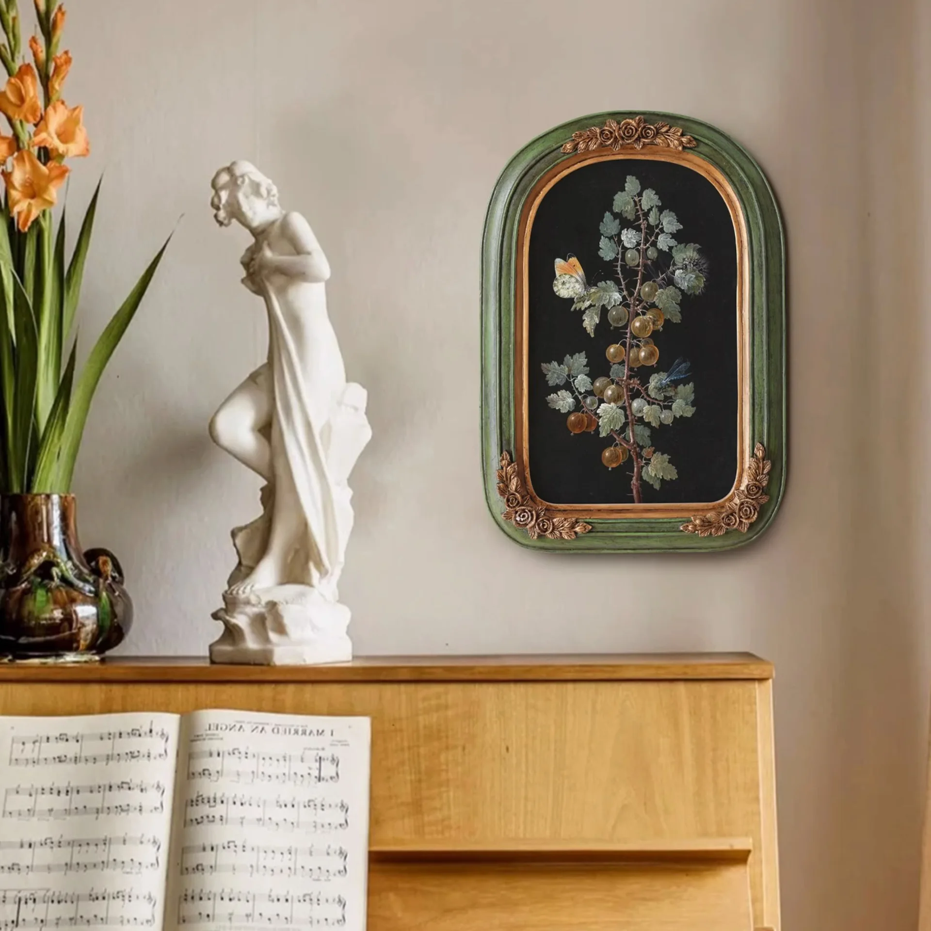 European Classical Desktop Ornament Decorative Painting French Plant Flower Arched Frame Hanging Painting