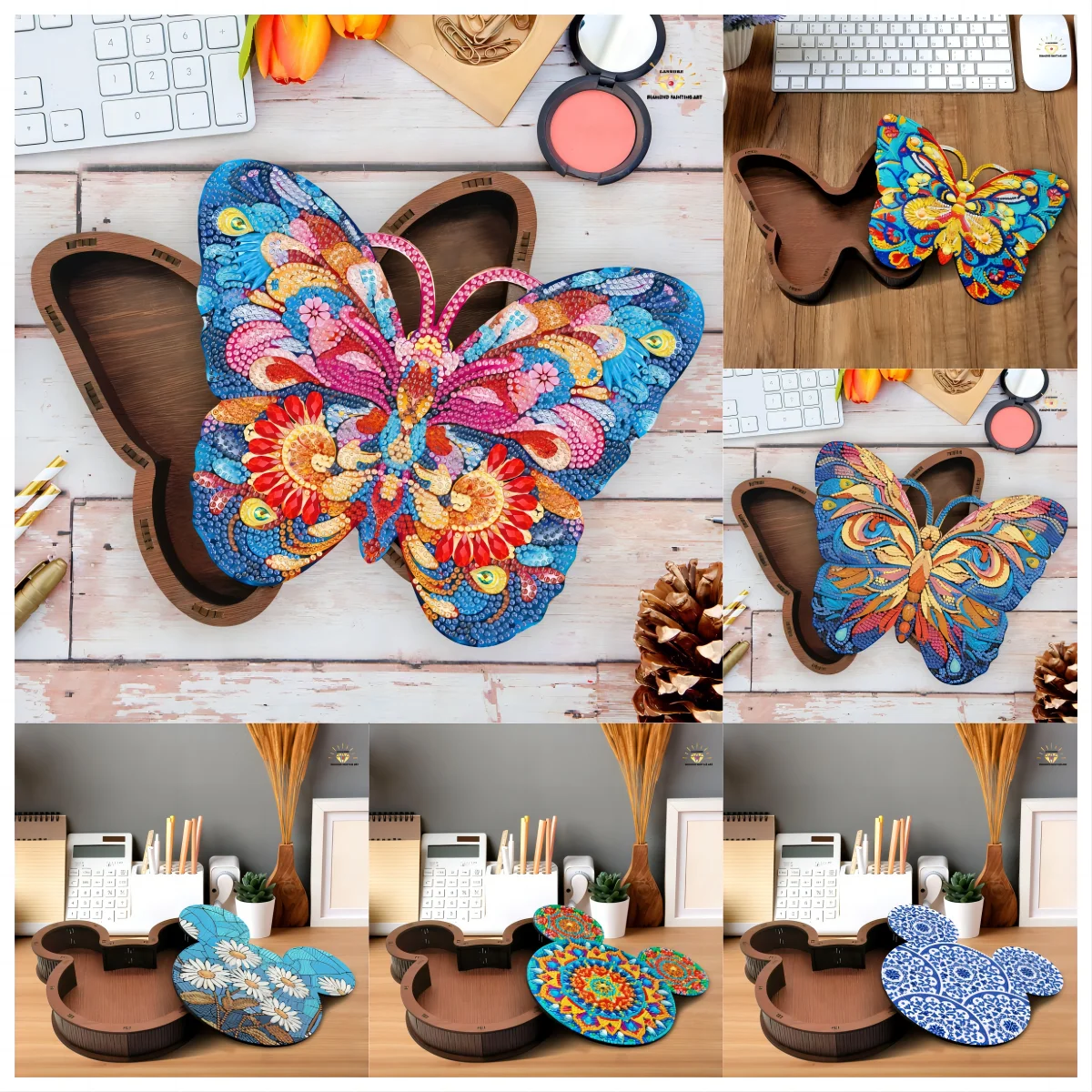 LS 5D diy Diamond painting wooden storage box kits Christmas Multi functional Latch wood butterfly heart jewelry storage box