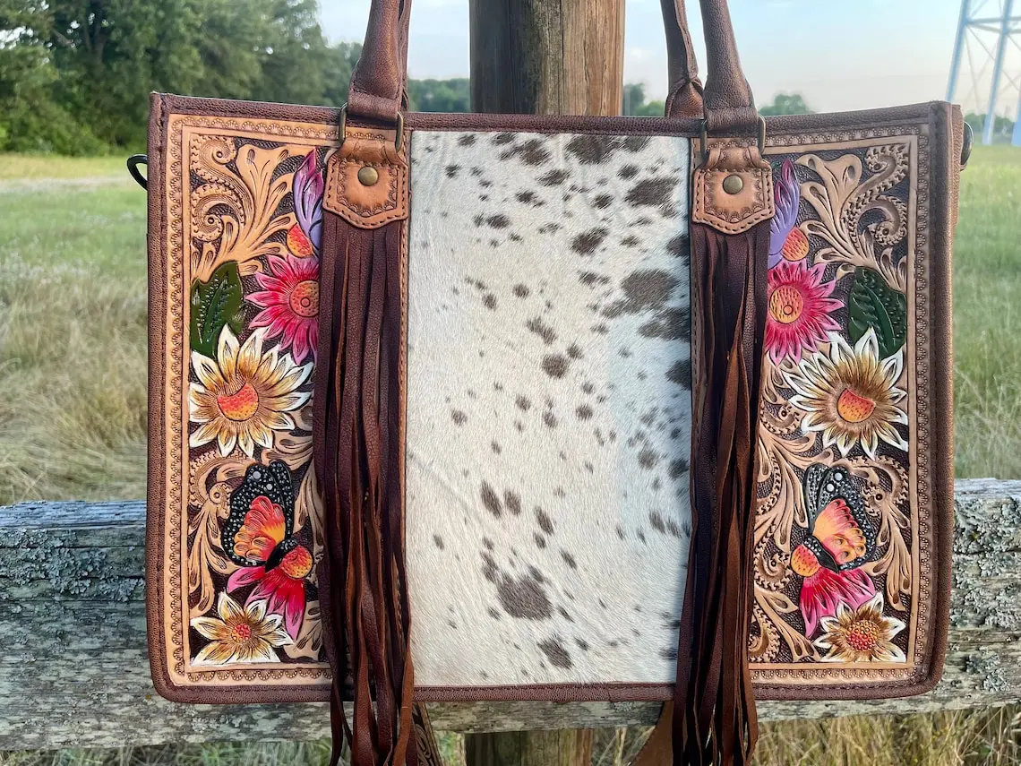 Western Hand Tooled Leather Purse Hair on Cowhide American Darling Western Crossbody Purse Laptop Handbag Wholesale Manufacturer